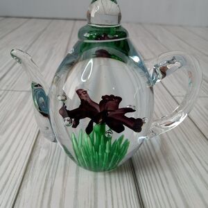 Vintage Dynasty Gallery Glass Teapot Paperweight Flower & Grass Art Glass